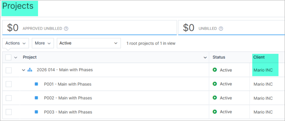 CORE Projects screen showing parent project 2026 014 - Main with Phases and phases P001, P002, and P003 for client Mario INC.