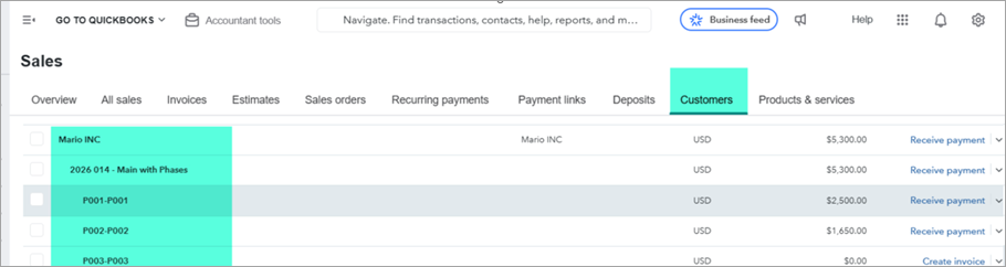 QuickBooks Online Customers list showing Mario INC with the parent project sub-customer and three phase sub-customers nested under it.
